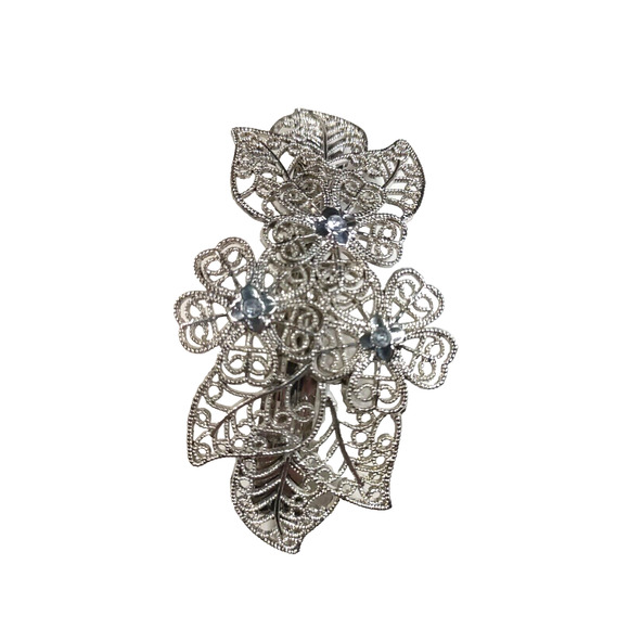 Barrette Tension Hair Clip Silver Tone Clear Rhinestone Lattice Lace Work design - Picture 2 of 5
